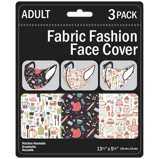 baking/cooking adult size washable face masks - 3 pack  -- 17 per box