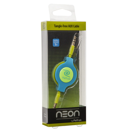 re trak 3.2 foot retractable neon green & blue aux audio cable -- 24 per case