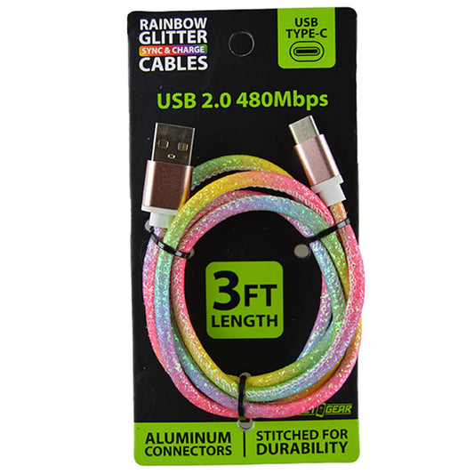 gadget gear usb type c rapid charge cable - 3ft - rainbow glitter -- 17 per box