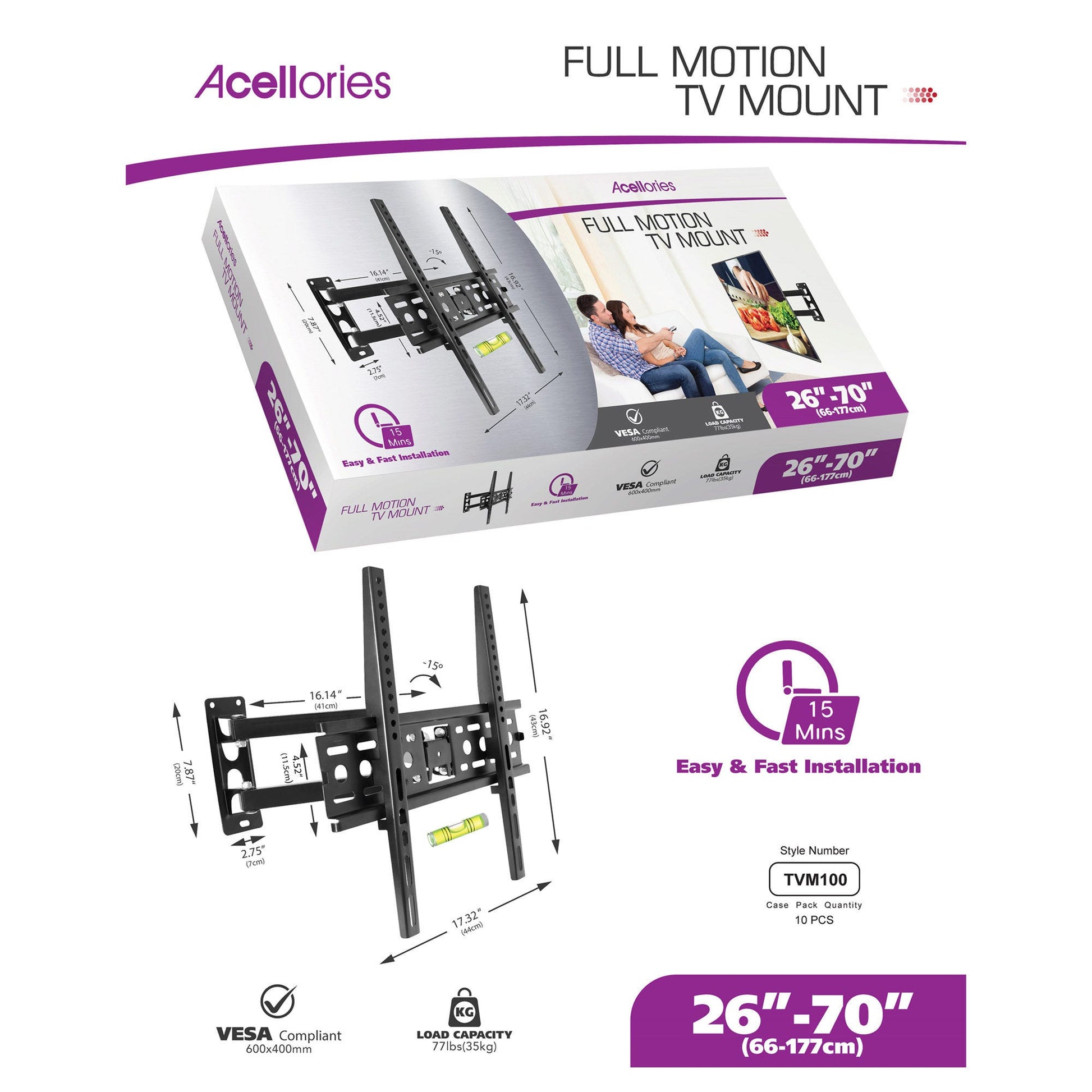 acellories full motion tv mount 26-70 - easy installation -- 2 per box