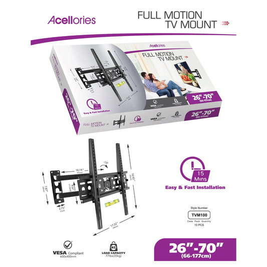 acellories full motion tv mount 26-70 - easy installation -- 2 per box