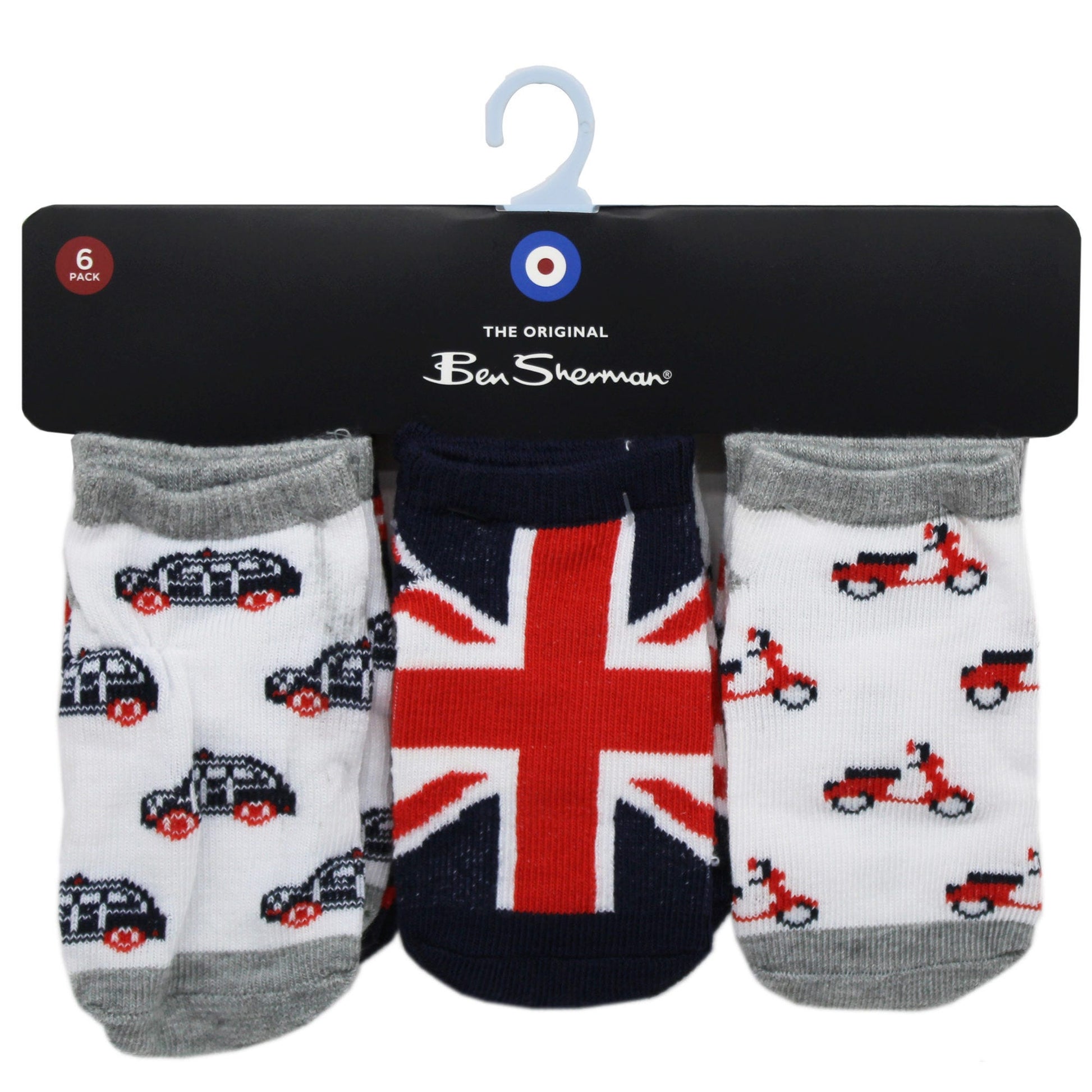 ben sherman 6 pack baby england themed socks for ages 2-4 years -- 12 per box
