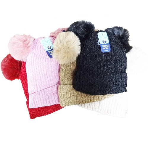 womens beanie w- pom pom asst clrs -- 12 per box