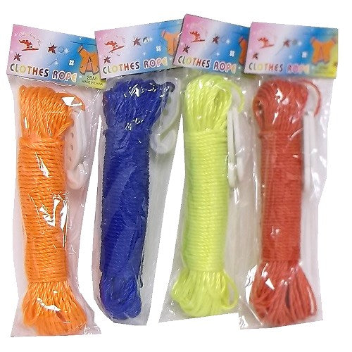 clothes rope 20m w- hooks asst clrs -- 12 per box