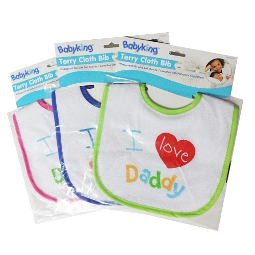 baby bibs terry cloth i love daddy -- 12 per box