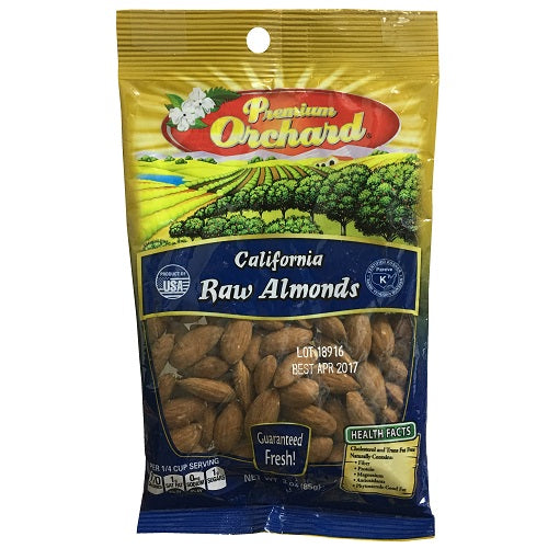 premium orchard raw almonds 3oz whole -- 48 per case